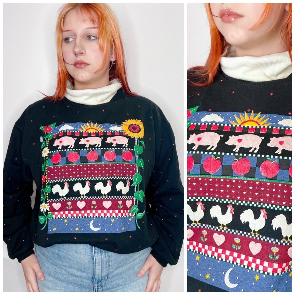 Vintage 80s Granny collared Sweatshirt Crewneck L Large Farm CottageCore